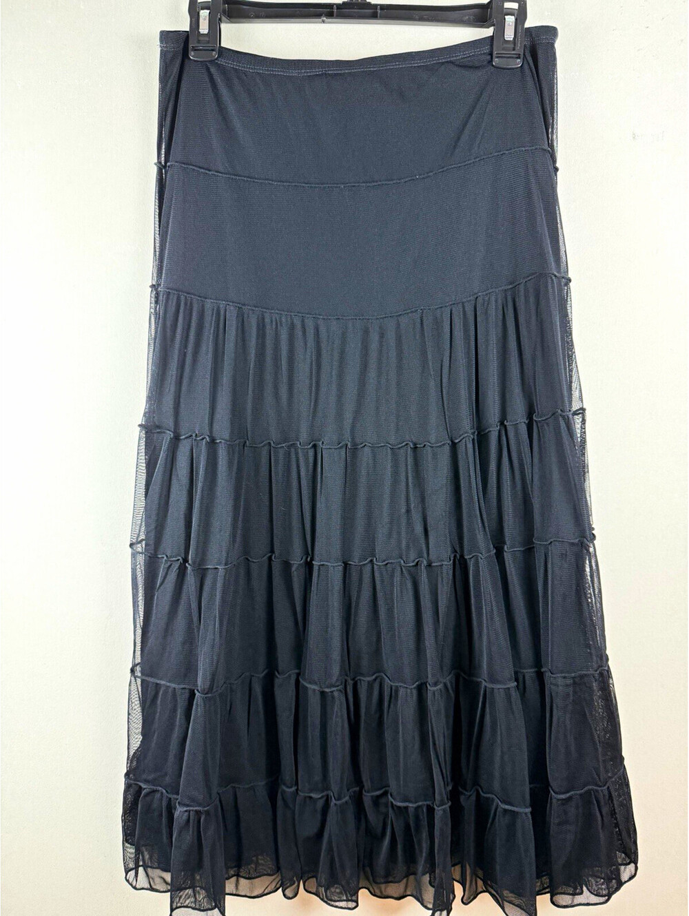 Max Studio Women’s Black Mesh Tiered Ruffle Pull-On Lined Midi Skirt M